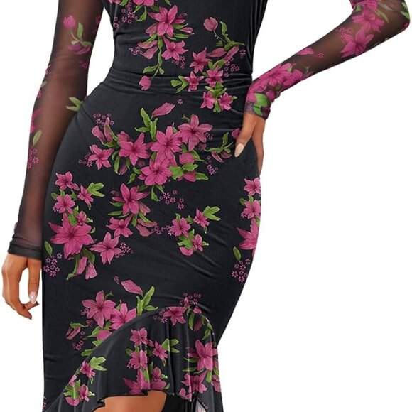 Dresses & Skirts - Women’s Mesh Bodycon Midi Dress Long Sleeve Square Neck Elegant Party